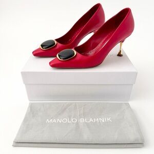 MANOLO BLAHNIK | Red Chiaran Leather Pumps Gold Heel Black Stone Accent EU 36